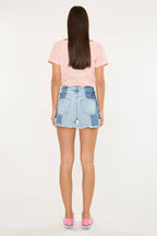 Kan Can Two-Tone Color Block Ultra High-Rise Western Denim Shorts — 11" Rise with Raw Frayed Hem - medium and large remain