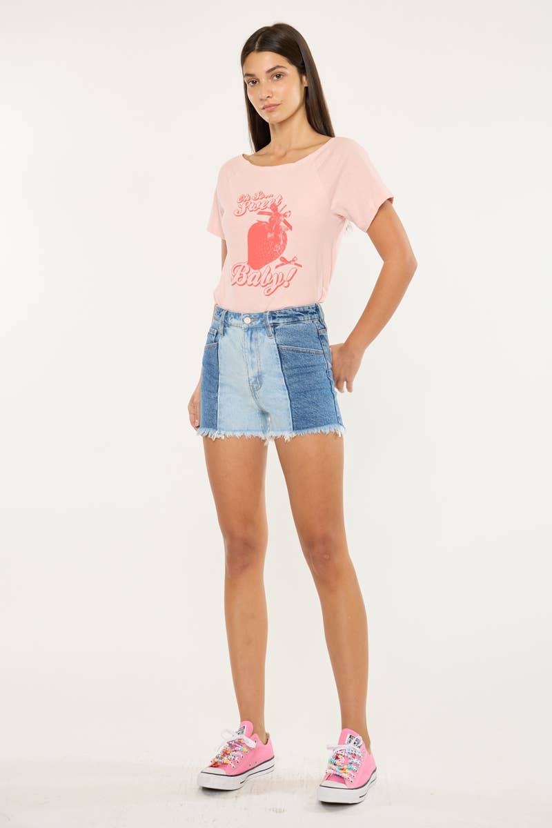 Kan Can Two-Tone Color Block Ultra High-Rise Western Denim Shorts — 11" Rise with Raw Frayed Hem - medium and large remain