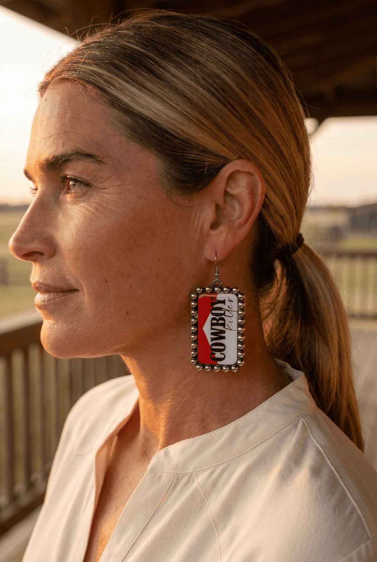 Western Cowboy Killer Rectangle Earrings — Red & White Western Statement