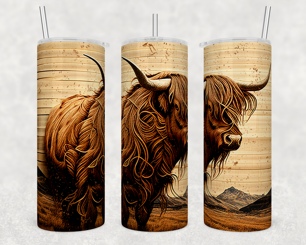 Woodgrain Highland Cow - Western 20oz Skinny Tumbler